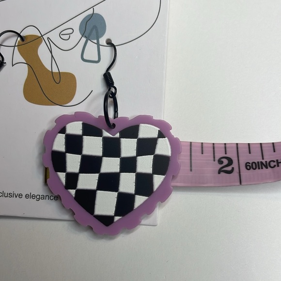Purple Checkered Hearts Earrings - Picture 6 of 6